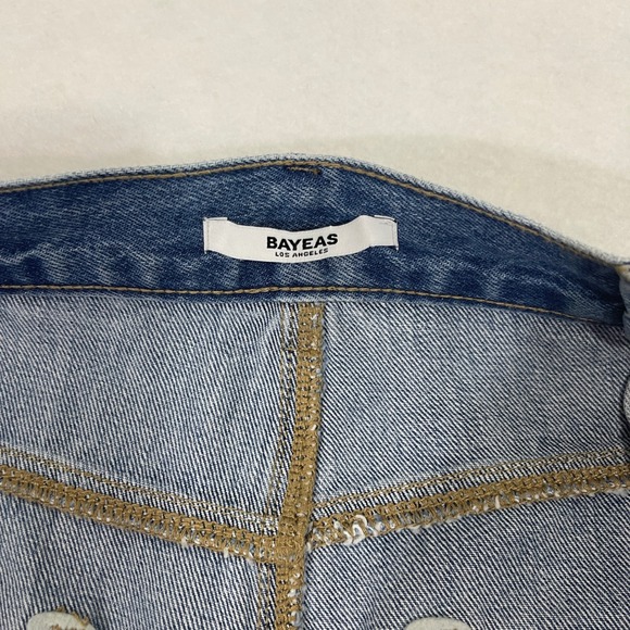 BAYEAS Frayed Hems Drop Crotch Barrel Jeans 31 Distressed Wide Leg Blue Denim - Picture 4 of 10